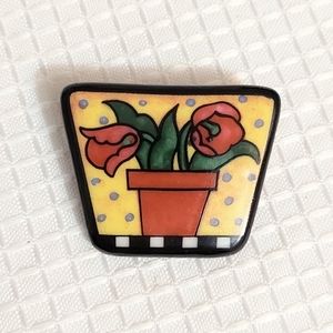 Vintage Flower Signed Brooch Pin Whimsical Ceramic Costume Jewelry